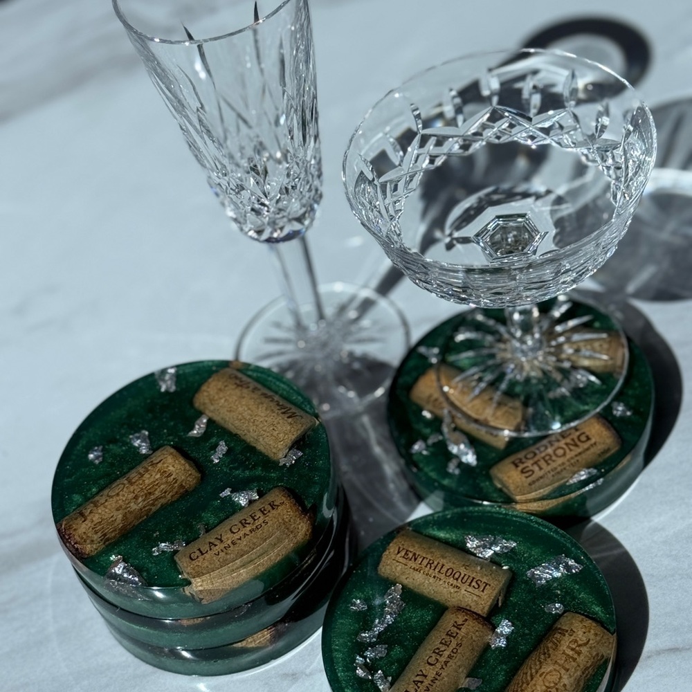 Set of 5 handmade metallic winter green resin wine coasters.